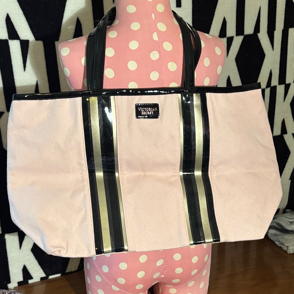 Victoria's Secret Pink Tote with Black and Gold Stripes